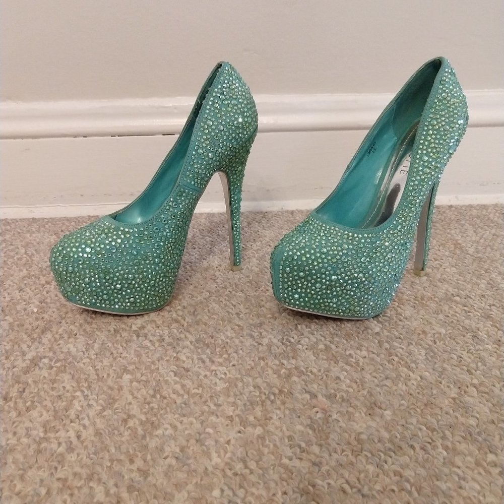 Turquoise Rhinestone Platform Heels - Picture 2 of 5